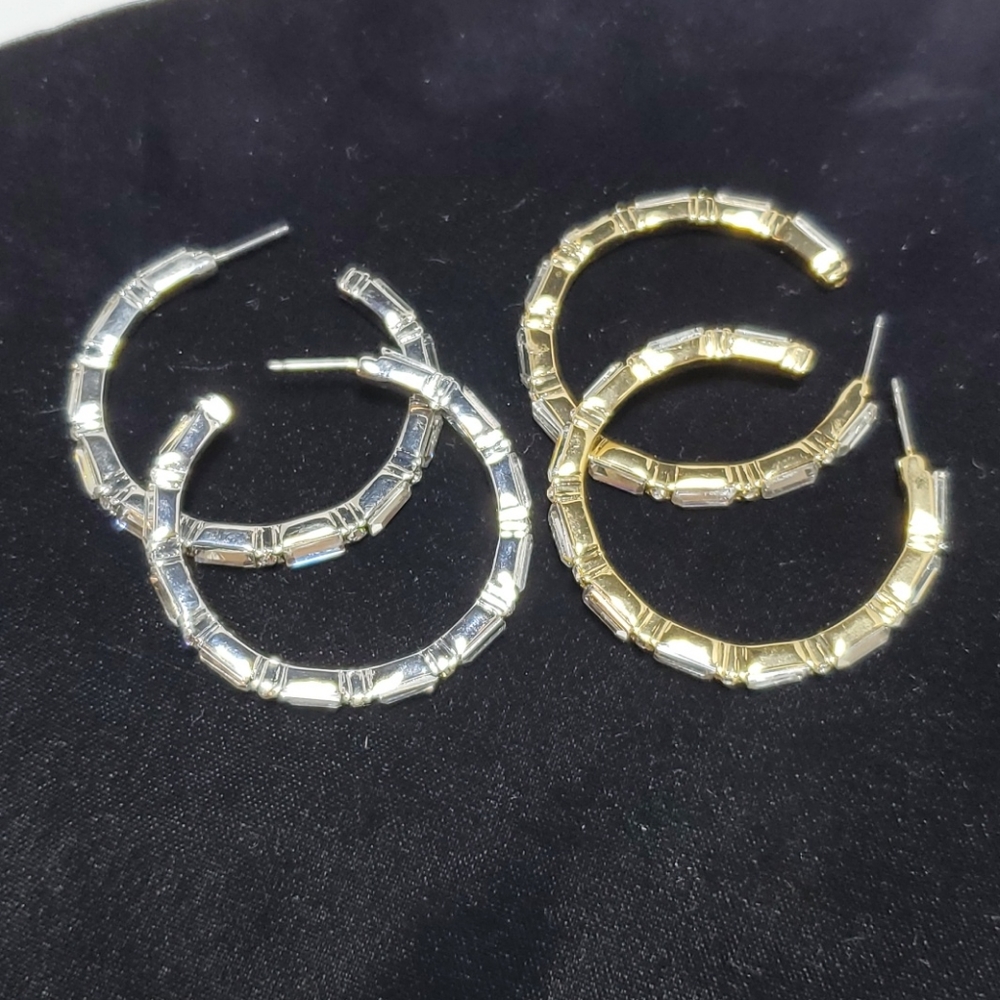 2 pair Bijou Drive gold & silver rhinestone glass hoop earrings
